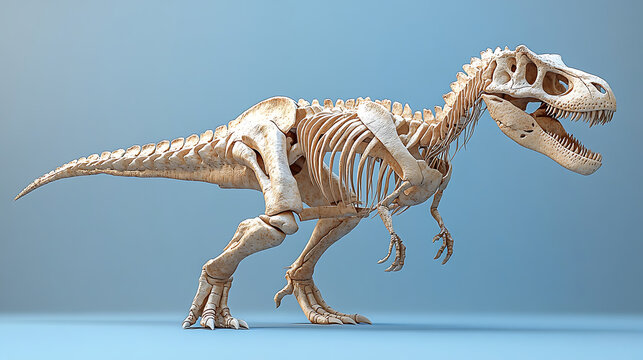Realistic dinosaur skeleton model displayed against a blue background, showcasing detailed anatomy