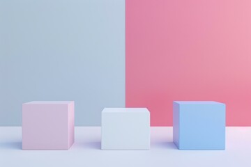 Obraz premium Pink, white and blue podiums standing on pastel background creating a stylish product display