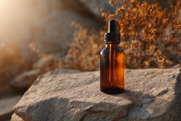 Amber glass dropper bottle placed on a rock with warm sunset light and dry vegetation, ideal for natural skincare, essential oils, or organic products
