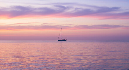 Fototapeta premium Serene Voyage A solitary sailboat glides on calm waters under a pastel sunset sky, creating a peaceful nautical scene