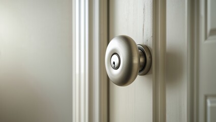 A close-up macro shot of a modern, round metallic doorknob on a white paneled door, highlighting details of interior design, home hardware, and security