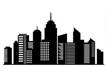 Black silhouette of a modern city skyline with diverse skyscrapers against a white background