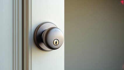 A close-up macro shot of a modern, round metallic doorknob on a white paneled door, highlighting details of interior design, home hardware, and security