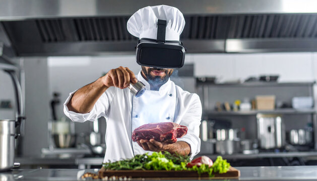 Innovative Culinary Experience Chef Mastering Virtual Reality Cooking Techniques for Enhanced Flavors - Powered by Adobe