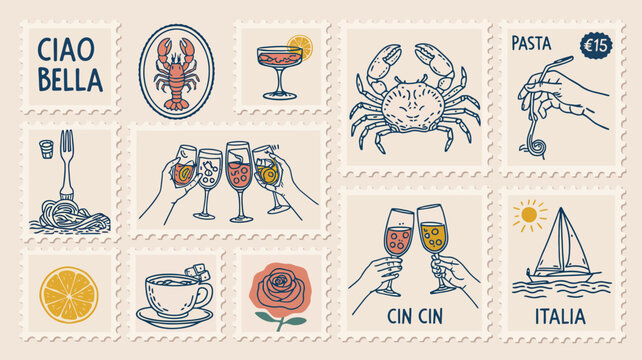 Artistic collection of Italian themed postage stamps showcases culture and cuisine.