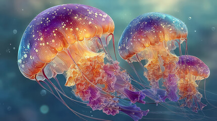 Colorful jellyfish floating gracefully in dreamy watercolor sea, creating serene and enchanting underwater scene. Their vibrant hues and delicate forms evoke sense of wonder and tranquility