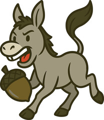Cute Cartoon Donkey Running Joyfully, Holding Acorn, Whimsical Animal Character Illustration, Playful Farm Creature, Happy Autumn Harvest Themed Mascot for Children's Designs