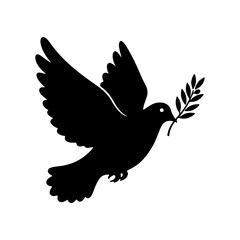 Fototapeta premium Flying dove with olive branch silhouette icon vector flat illustration on white background.