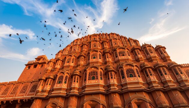 Hawa Mahal Jaipur Palace Birds Flying Rajasthan India.