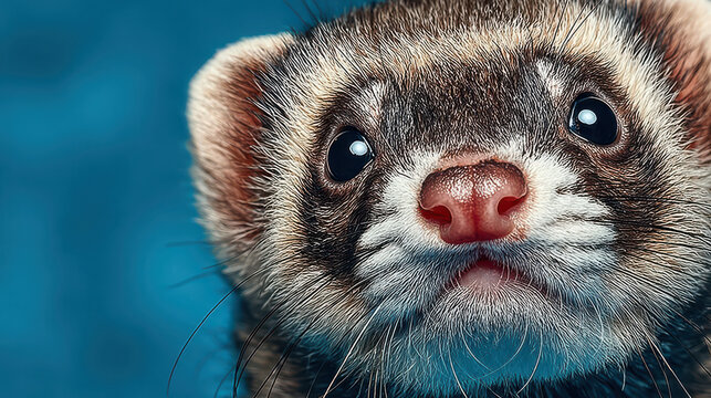 Curious ferret with happy expression, showcasing its adorable features and bright eyes against vibrant blue background. This charming creature captures attention effortlessly