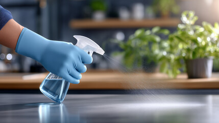Hand with blue glove cleaning kitchen surface, disinfectant spray bottle in action