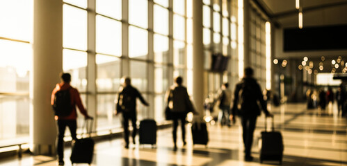 People pull luggage through airport terminal with large windows and pillars.
