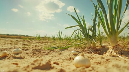 A field of young onion plants in sandy soil under a bright sky