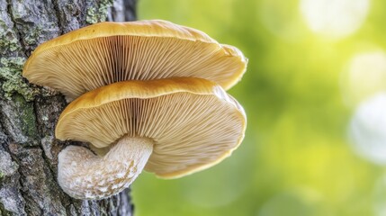 Two mushrooms on a tree trunk in a forest