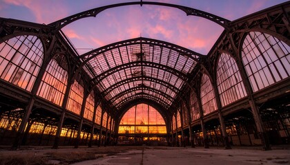 Abandoned Train Station at Sunset with Pink Sky.