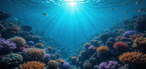 Obraz premium Submerged Paradise A Thriving Coral Reef Radiating Light; Depth Created with parallax Effect.