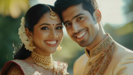 Indian bride and groom in traditional wedding attire, joyfully celebrating marriage.