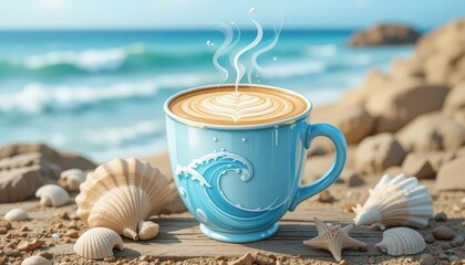 Coastal Coffee A light blue coffee cup with a wave like foam design, set against a blurry ocean scene with seashells.