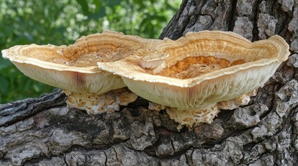 Two large, tan mushrooms growing on a tree trunk