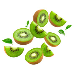 Fototapeta premium Fresh Kiwi Slices Isolated on Transparent Background with Green Leaves and Vibrant Colorful Detail
