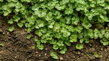 Close-up of small, vibrant green plants with water droplets