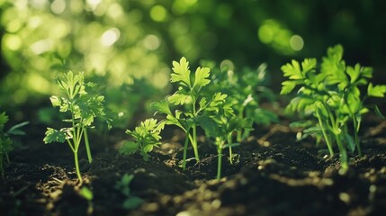 Young plants emerge from dark soil in sunlight