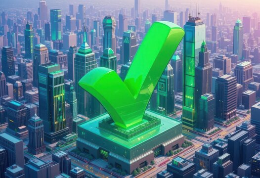  Isometric 3D Green Check Mark Icon Set Against a Vibrant Cityscape Background, Conveying Approval and Reliability
