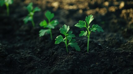 Young green sprouts in dark soil