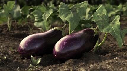 Two purple eggplants on rich soil (1)