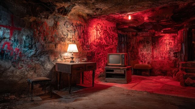 Abandoned, dimly lit basement room