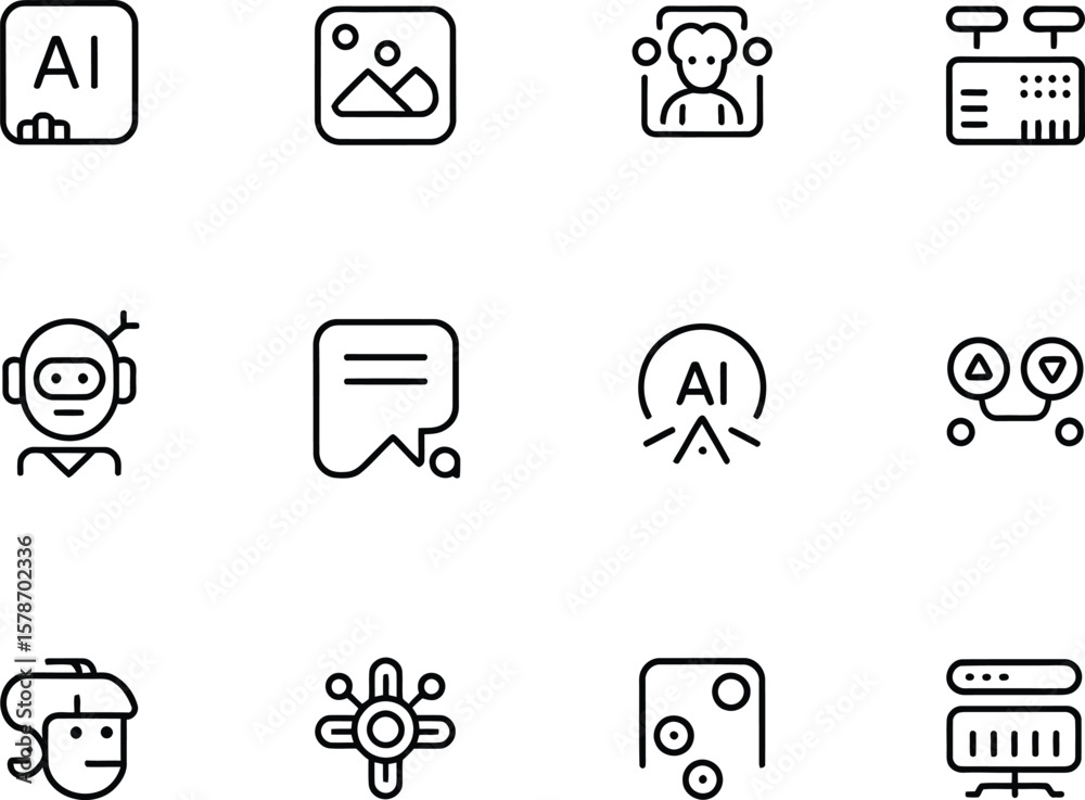Fototapete Collection of twelve modern line art icons representing technology and artificial intelligence concepts