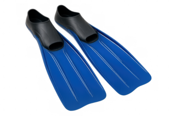 Blue diving fins featuring black heel support, positioned for marine exploration against transparent backdrop