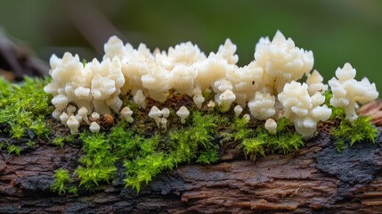 Clustered white fungi on mossy log