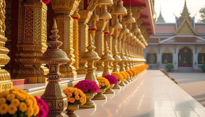 Mango yellow and vermilion themed stage with temple lamp rows and flower-clad frames