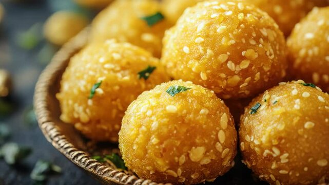 Fried dough balls with sesame seeds and cumin.