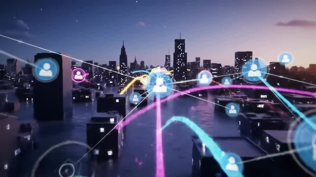 Futuristic cityscape flooded with connecting digital threads - Powered by Adobe