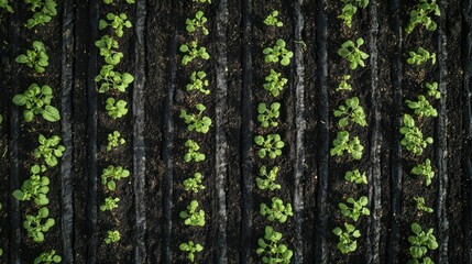 Aerial view of a meticulously planted vegetable garden