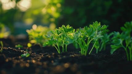 Young parsley seedlings in rich soil bathed in sunlight