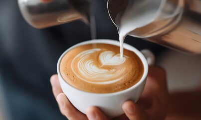 Close-up shot of a latte art being created, where a person with fair skin is pouring milk from a stainless steel pitcher into a white ceramic cup filled with espresso