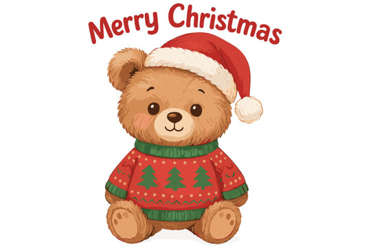 Cute teddy bear in a Christmas sweater wearing a Santa hat celebrates the holiday season with joy and cheer at a festive gathering