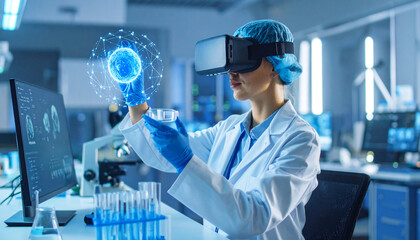 Scientist uses VR headset to interact with a 3D holographic global model in a modern laboratory setting.