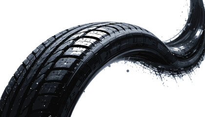 High-quality image of a flexible, modern black tire with a wet surface, displayed in a white, dramatic setting