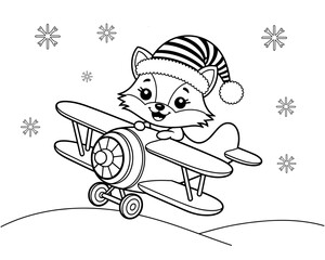 Christmas Pilot Fox – Kids Coloring Page, Black and White Line Art, Printable for Holiday Fun