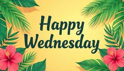 Tropical Wednesday vibes with hibiscus flowers and palm leaves. Perfect for social media posts, greeting cards, or tropical themed designs.
