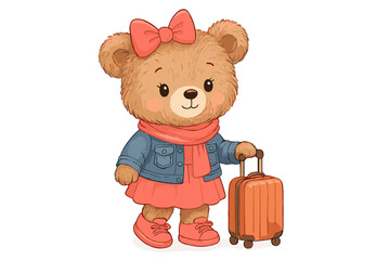 Cute bear character dressed for travel with suitcase ready for adventure