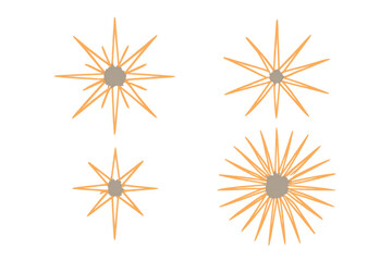 Four abstract orange stars of different sizes are displayed on a transparent background, creating a simple yet captivating visual