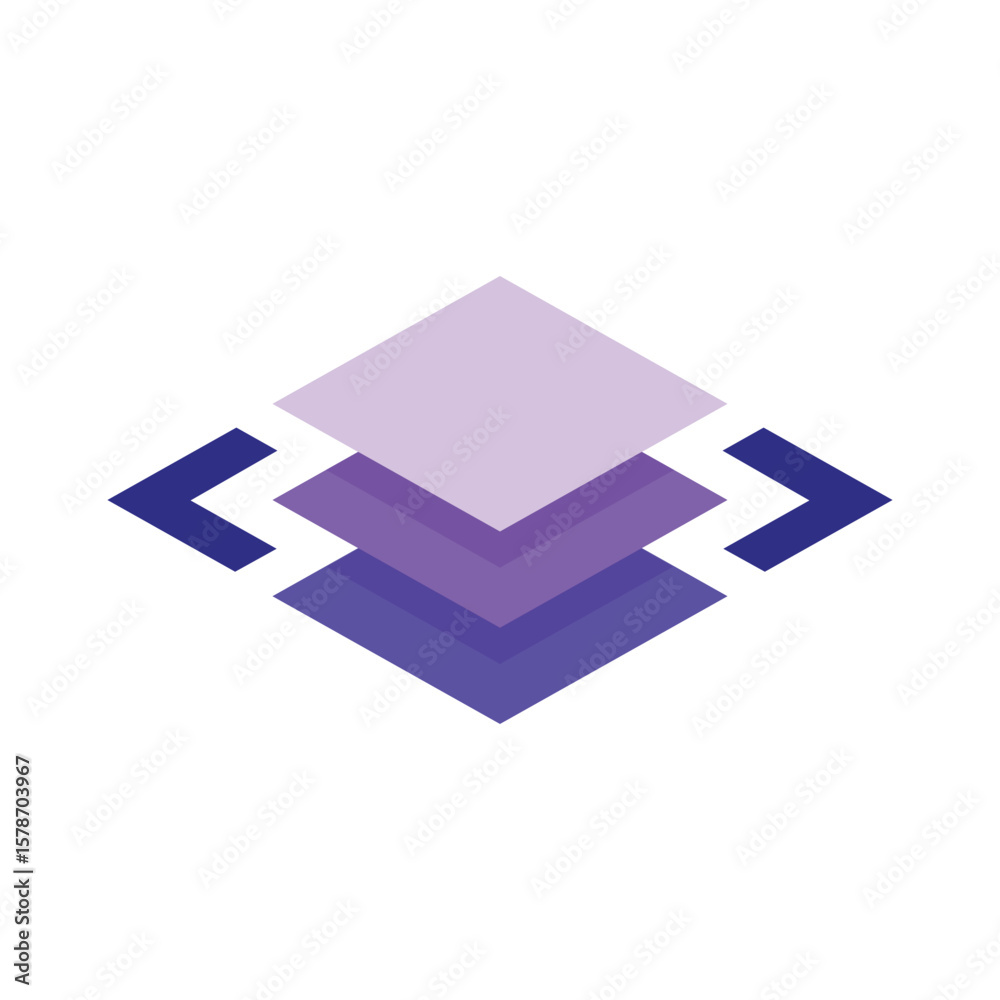 Poster The image shows a logo design of three stacked square shapes in purple color between two comparison operators for coding related purposes 