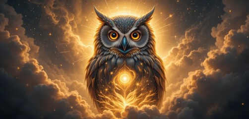  Luminous Owl Portrait A Captivating Illustration of a Cosmic Owl Bathed in the Golden Light of a Distant Nebula s Softest