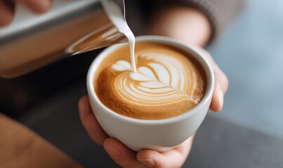 Close-up shot of a latte art being created, where a person with fair skin is pouring milk from a stainless steel pitcher into a white ceramic cup filled with espresso