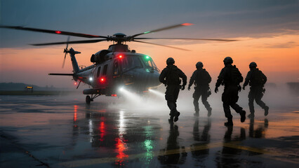 Silhouetted rescue team moves toward illuminated helicopter on wet tarmac at dawn.
